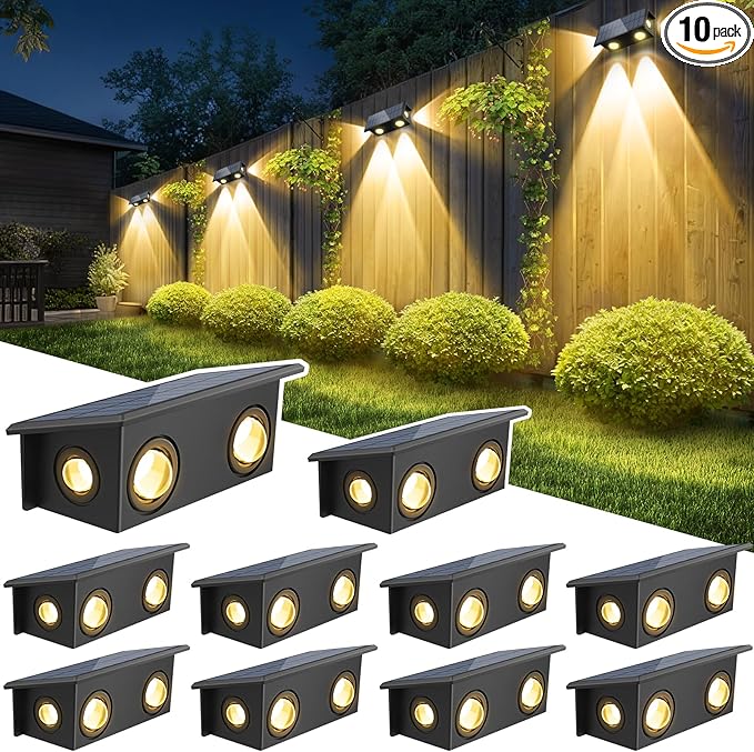 T-SUN Solar Fence Lights, 10 Pack Fence Lights Solar Powerd Outdoor 3000K 2 Mode Bright Warm White, Waterproof Dusk to Dawn Wall Fence Light for Backyard Wall Railing Patio Porch Pool