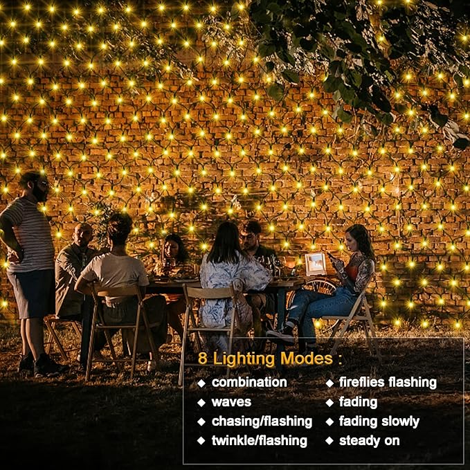echosari Solar Powered Net Lights 200 LED 9.8Ft x 6.6Ft Bush Light Dark Green Wire Auto On/Off 8 Modes Outdoor Mesh Lights for Bushes Shrubs Lawn Decor(Warm White)