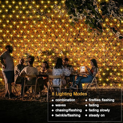 echosari Solar Powered Net Lights 200 LED 9.8Ft x 6.6Ft Bush Light Dark Green Wire Auto On/Off 8 Modes Outdoor Mesh Lights for Bushes Shrubs Lawn Decor(Warm White)