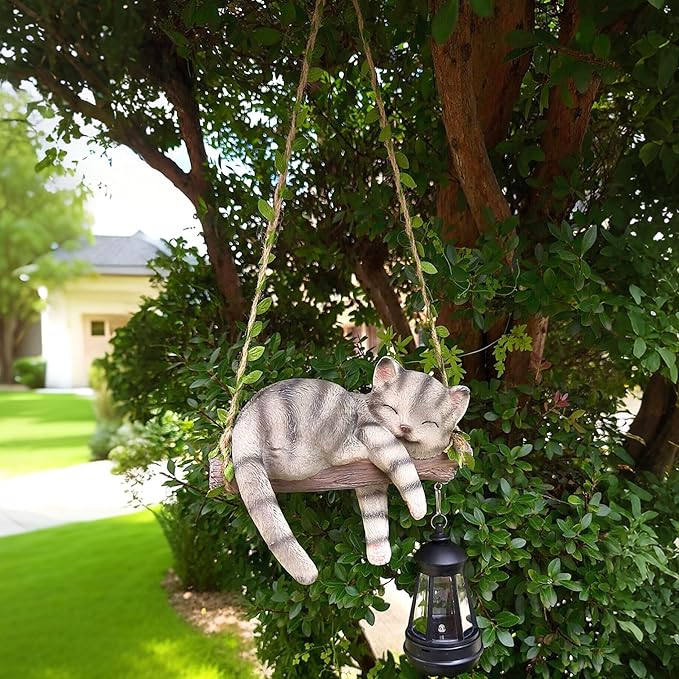 Solar Lighted Garden Outdoor Statue, 22.6" H Hanging Swing Lying with A Sleeping Cat and A LED Lantern, Resin | Lumora