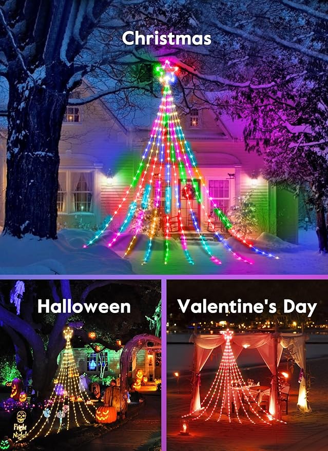 Outdoor Christmas Star String Lights, 16.4Feet 317LED Smart RGB Waterfall Tree String Light with APP Remote Control, DIY Timer Music Sync Shooting Star Lights for Indoor Outdoor Garden Decoration