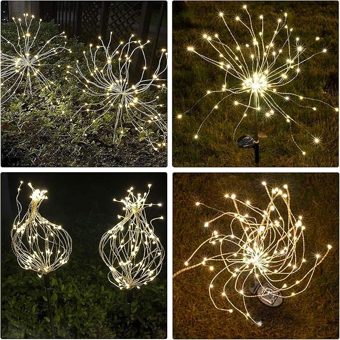 Solar Firework Lights 2Pcs Garden Lights Outdoor Waterproof, 120 LED with 8 Modes Twinkling and Steady-On, Festive daysStarburst Lights for Path, Patio, Yard (Warm White)