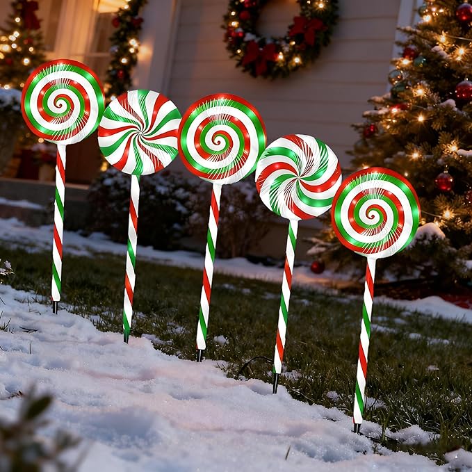 Christmas Lollipop Pathway Lights-5 Pack Solar Powered Outdoor Garden Path Lights Xmas Candy Cane Landscape | Lumora