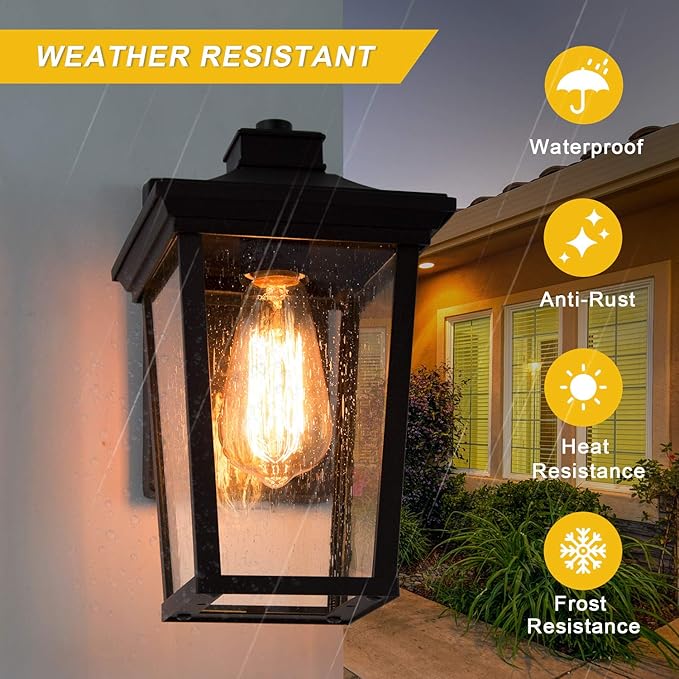 LALUZ Outdoor Porch Light Fixture Exterior Wall Sconce Lantern Mount with Seeded Glass for Patio, Balcony, Front Door, Entryway or Corridor (Black Finish), A03319s