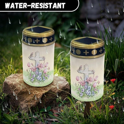 Cross Pink Lily Solar Garden Stake Lights, Yard Solar Lights Cemetery Decorations for Grave Outdoor Sympathy Memorial Gift for Grandma, for Garden Lawn Patio Pathway Decor