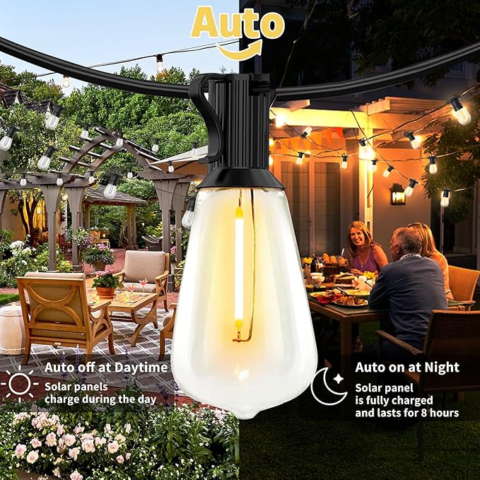 cjc Outdoor Solar String Lights Waterproof 25FT with 25 Shatterproof ST38 LED Bulbs, 2700K Solar Lights Outdoor | Lumora