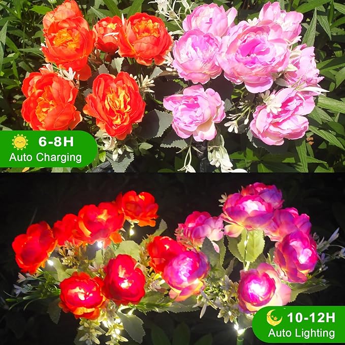 Solar Peony Flower Lights Outdoor, 2-Pack Orange & Purple 42-LED Solar Lights with Auto On/Off, Bendable Stems, Waterproof Decorative Garden Lights for Yard, Patio, Pathway, Cemetery Gravesite