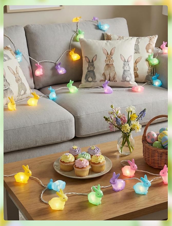 Easter Rabbit String Lights 8.5FT Plug in Bunny Fairy Lights Outdoor Easter Decorations String Lights with 10 Multicolor Bunny Lights for Indoor Wedding Birthday Party Garden Wall Home Decorations