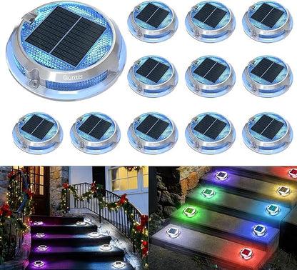 Quntis 12 Pack Outdoor Solar Deck Lights Multicolored - 11 Lighting Modes Aluminum Alloy Solar Driveway Maker - IP68 Outdoor Waterproof Dock Marine Lights for Warning Step Sidewalk Pathway Garden