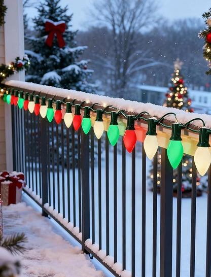 C7 LED Christmas Lights Outdoor - 25ft Red White and Green String Lights With 27 Ceramic Bulbs(2 Spare), Waterproof Commercial Grade Extendable for Indoor Outdoor Roofline Patio Yard Xmas Decor