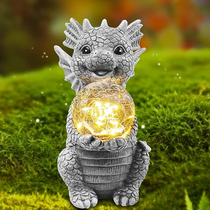 Solar Garden Decorations - Dragon Statue with Crackle Glass Ball Light - Garden Decor for Patio, Yard, Lawn, Pathway, Landescape - Housewarming Gifts - Dragon Gifts for Women Mom Grandmom