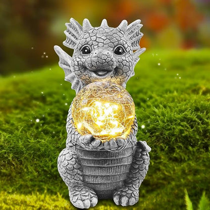 Solar Garden Decorations - Dragon Statue with Crackle Glass Ball Light - Garden Decor for Patio, Yard, Lawn, Pathway, Landescape - Housewarming Gifts - Dragon Gifts for Women Mom Grandmom