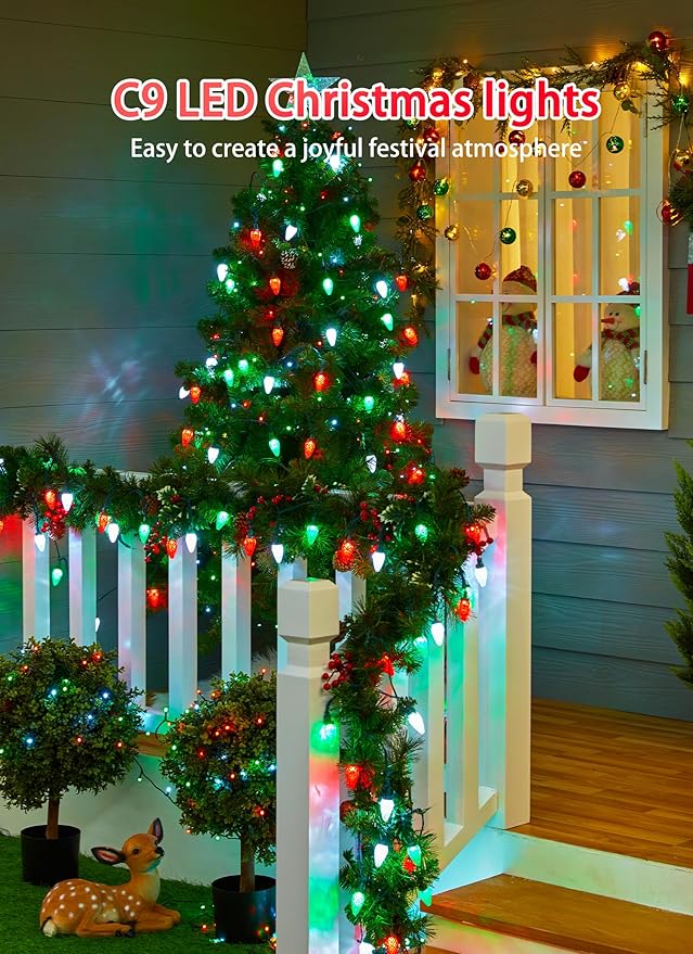 C9 Christmas Lights Outdoor Waterproof, 114 Feet 150 LED C9 String Lights with Timer & 8 Light Mode, Connectable Christmas Tree Lights for Indoor Outside Roofline Patio Decor, Red, Green & Pure White