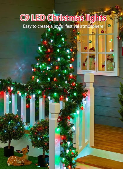 C9 Christmas Lights Outdoor Waterproof, 114 Feet 150 LED C9 String Lights with Timer & 8 Light Mode, Connectable Christmas Tree Lights for Indoor Outside Roofline Patio Decor, Red, Green & Pure White