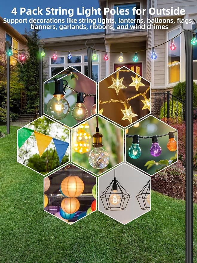 String Light Poles for Outside 4 Pack, 10ft Metal Outdoor String Light Poles for Deck - Ideal for Patio, Garden | Lumora