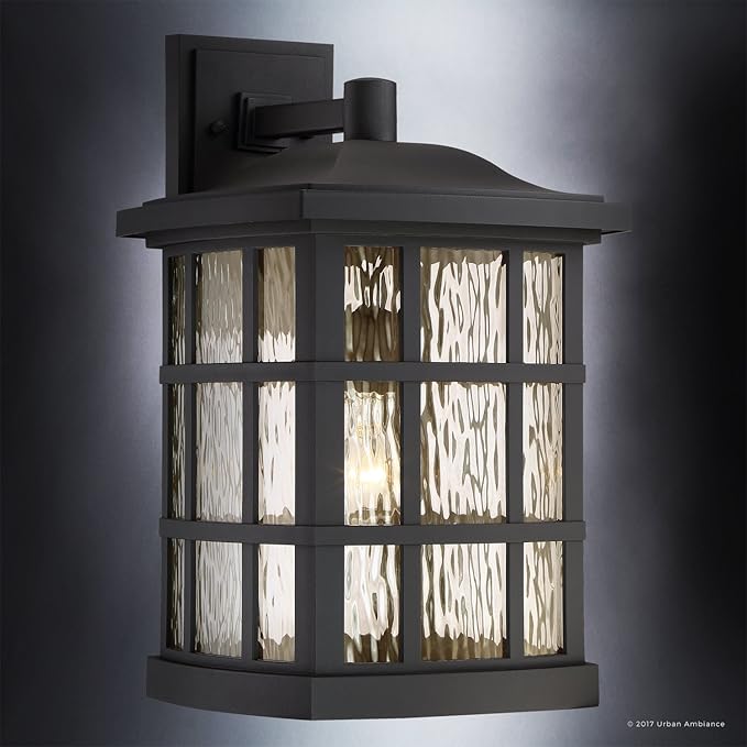 Urban Ambiance Luxury Craftsman Outdoor Wall Light, Medium Size: 17" H x 11" W, with Tudor Style Elements, Highly-Detailed Design, High-End Black Silk Finish and Water Glass, UQL1236