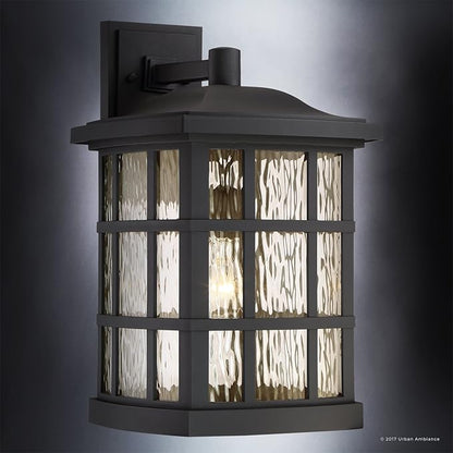 Urban Ambiance Luxury Craftsman Outdoor Wall Light, Medium Size: 17" H x 11" W, with Tudor Style Elements, Highly-Detailed Design, High-End Black Silk Finish and Water Glass, UQL1236