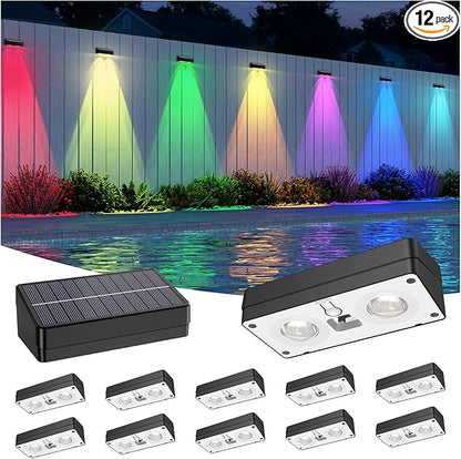 Solar Fence Lights Outdoor,Fence Solar Lights Outdoor IP65 Waterproof Designed with 12 Modes RGB 10 Colors for Wall Step Pool Railing Patio Backyard Holiday Feature Decorations (12 Pack)