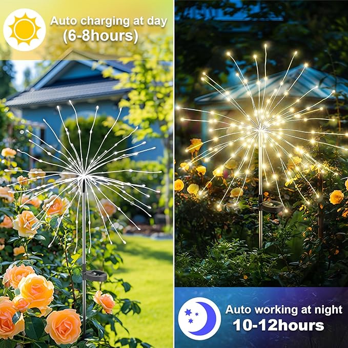 Solar Garden Lights Outdoor: Bendable Warm White Copper Wire 120 LED Firework 2Pack- Waterproof DIY Bright Decorations for Yard Patio- Gardening Gifts for Homeowners Women