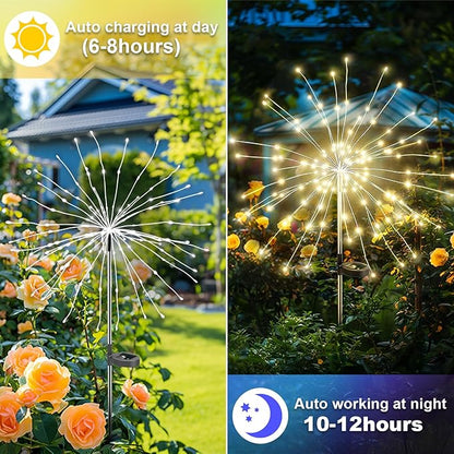 Solar Garden Lights Outdoor: Bendable Warm White Copper Wire 120 LED Firework 2Pack- Waterproof DIY Bright Decorations for Yard Patio- Gardening Gifts for Homeowners Women