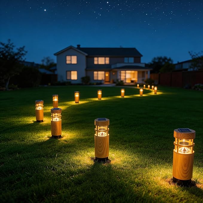 Solar Lights Outdoor 4 Pack, Wood-Grain Color Style, Warm Yellow Light, Waterproof Auto On/Off, Solar Pathway | Lumora