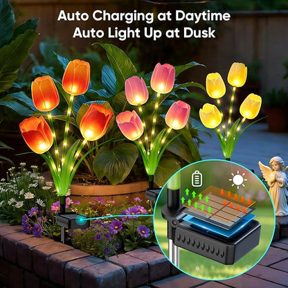 Solar Tulip Lights Outdoor: 3-Pack Solar Flower Garden Lights with Bendable Stems - IP65 Waterproof 800mAh for 12H Lighting - Auto On/Off Garden Decor - Gifts for Mom - Orange Pink Yellow