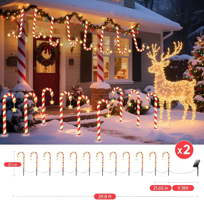 Solar Christmas Lights Outdoor Waterproof: 24-Pack Solar Candy Cane Christmas Decorations Outdoor Pathway Lights with Stakes 10 Modes, 144 LED Xmas Decorations for Yard Garden Holiday Decor