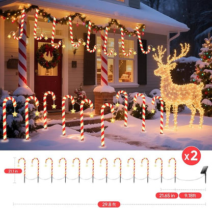 Solar Christmas Lights Outdoor Waterproof: 24-Pack Solar Candy Cane Christmas Decorations Outdoor Pathway Lights with Stakes 10 Modes, 144 LED Xmas Decorations for Yard Garden Holiday Decor