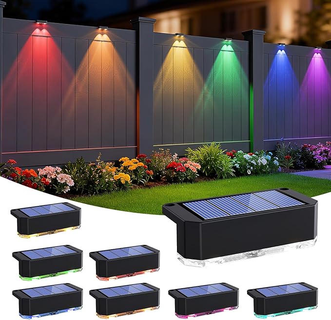 Peasur Solar Fence Lights Outdoor RGB, 8 Pack Step Light Solar Powered, Waterproof LED Deck Lights for Stairs Railing Yard Patio Outside