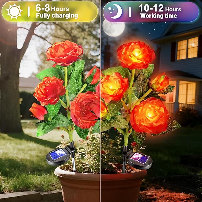 Anordsem Solar Garden Lights Outdoor: 10 Artificial Fabric Red Roses Flowers 2 Pack- LED Flower Decorations for Cemetery Grave Pathway Yard- Birthday Gifts for Women, Wife and Mother
