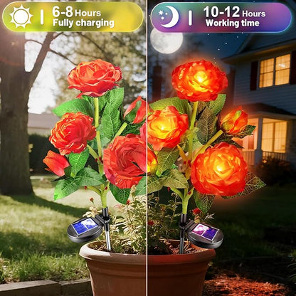 Anordsem Solar Garden Lights Outdoor: 10 Artificial Fabric Red Roses Flowers 2 Pack- LED Flower Decorations for Cemetery Grave Pathway Yard- Birthday Gifts for Women, Wife and Mother