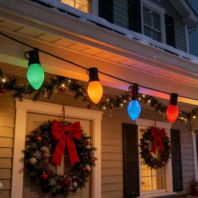 50Ft LED Christmas Outdoor String Lights, C7 String Lights with 27 0.6W Ceramic Multicolor Bulbs, Vintage Christmas Lights for Holiday Party Backyard Wedding Garden Patio Porch Decor