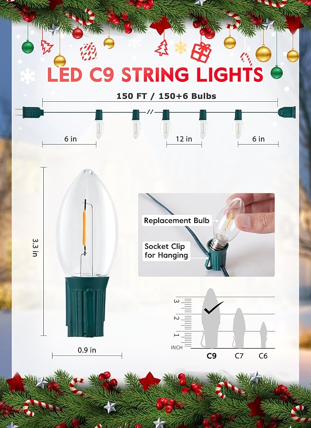 Vintage C9 Christmas Lights Outdoor, 150 Feet C9 String Lights with 150 LED C9 Plastic Bulbs, Waterproof | Lumora