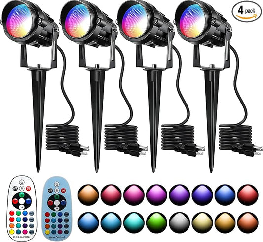 Halloween Christmas Outdoor Spotlights,12W RGBW Colors Changing Landscape Spotlight with Remote Control, IP65 Waterproof 110V Plug in LED Spotlight Outdoor for Yard Garden House (4Pack)