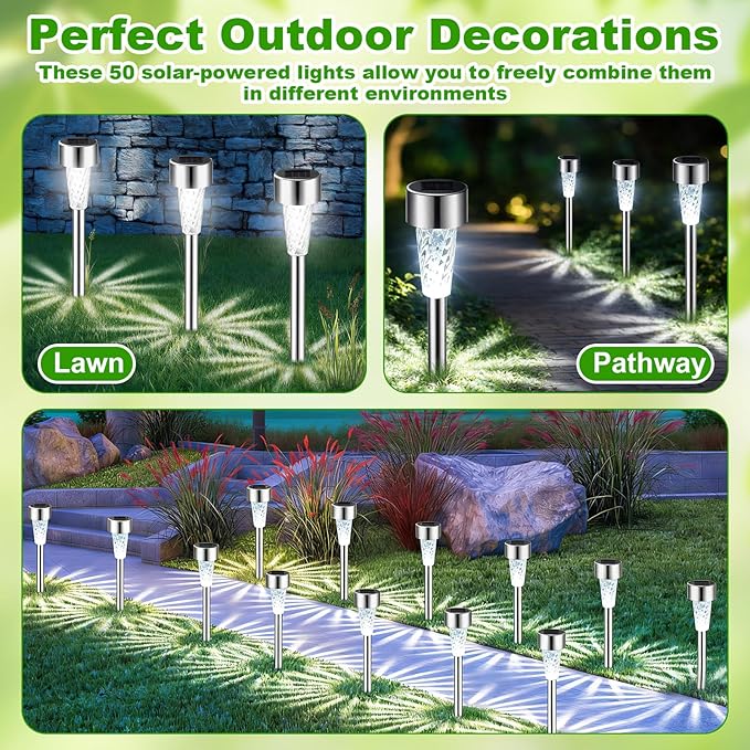 50 Pack Solar Pathway Lights Outdoor Bulk, Stainless Steel LED Path Lights, Weather Resistant Solar Stake Light with Auto On/Off Sensor for Lawn, Patio, Driveway, Walkway, Garden Path