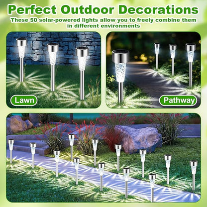 50 Pack Solar Pathway Lights Outdoor Bulk, Stainless Steel LED Path Lights, Weather Resistant Solar Stake Light with Auto On/Off Sensor for Lawn, Patio, Driveway, Walkway, Garden Path