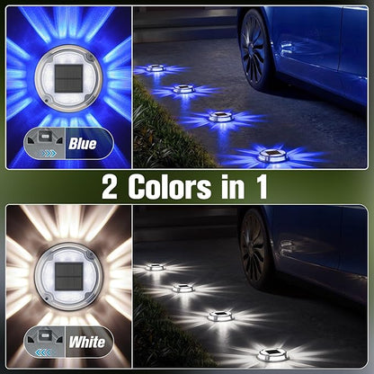 VOLISUN Solar Driveway Deck Lights Dock Marine Lights,4 Pack Solar Ground Light 2 Colors in 1 led Waterproof,Driveway Marker Light for Pathway Warning Step (White/Blue),Auto On/Off