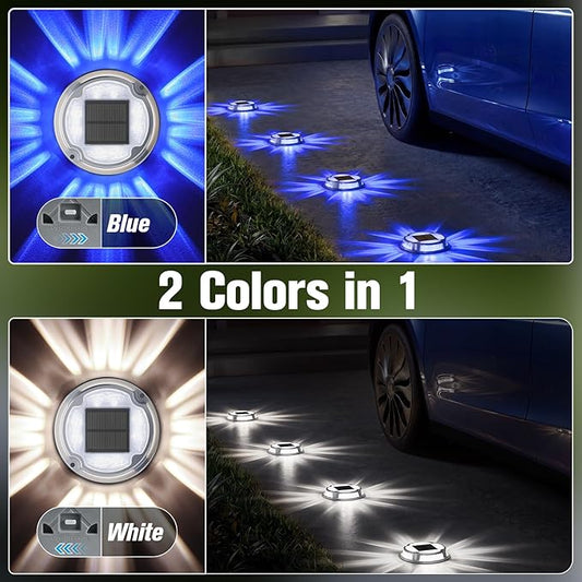 VOLISUN Solar Driveway Deck Lights Dock Marine Lights,16 Pack Solar Ground Light 2 Colors in 1 led Waterproof,Driveway Marker Light for Pathway Warning Step (White/Blue),Auto On/Off