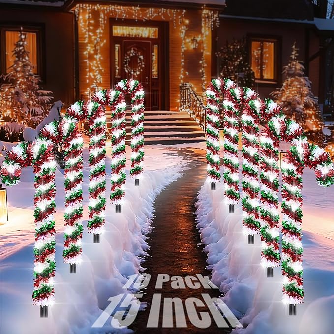 10 Pack Christmas Candy Cane Lights, Tinsel Candy Cane Christmas Decorations Pathway Lights with 8 Modes & Timer | Lumora