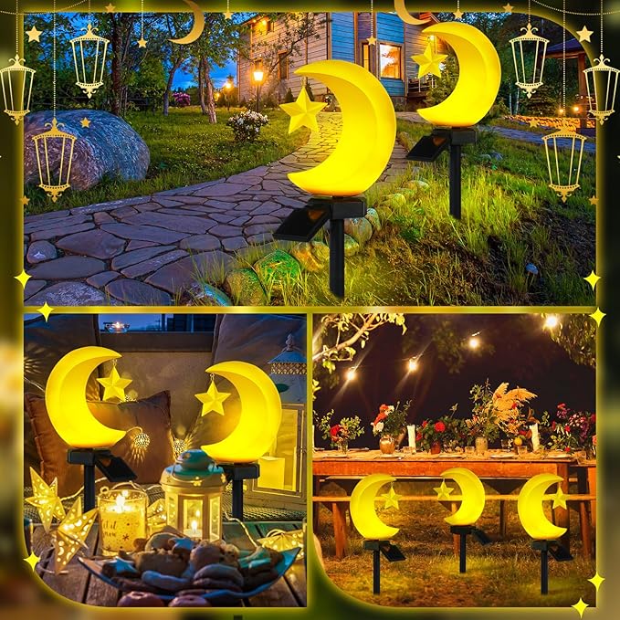 2 Pack Solar Eid Mubarak Lights Decorations Outdoor Ramadan Lights Moon Star Stakes Solar Light Eid Mubarak Decorations Ramadan Lantern Waterproof for Pathway Garden Patio Lawn Yard Walkway Decor
