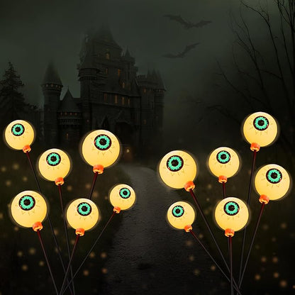 JOYIN Halloween Decorations Outdoor Solar Scary Eyeball Lights, 2 Pcs 12LEDs Warm Pathway Yard Stakes, Waterproof Firefly Lights for Halloween Graveyard Yard Garden Patio Walkway Party