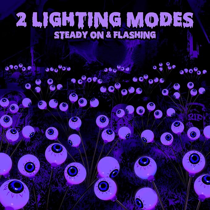 Brizled Purple Solar Halloween Lights, 2 Pack Total 12 LED Halloween Eyeball Lights, 2 Modes Outdoor Purple Swaying Firefly Light Waterproof Scary Pathway Lighting for Outside Garden Yard Lawn Path