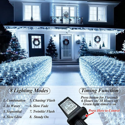 Lovelite 510 LED Christmas Net Lights, 28ft x 5ft Mesh Lights Outdoor Clear Wire 8 Modes, Waterproof Connectable String Lights Plug in for Xmas Tree Bushes Garden Holiday Party Decorations - White