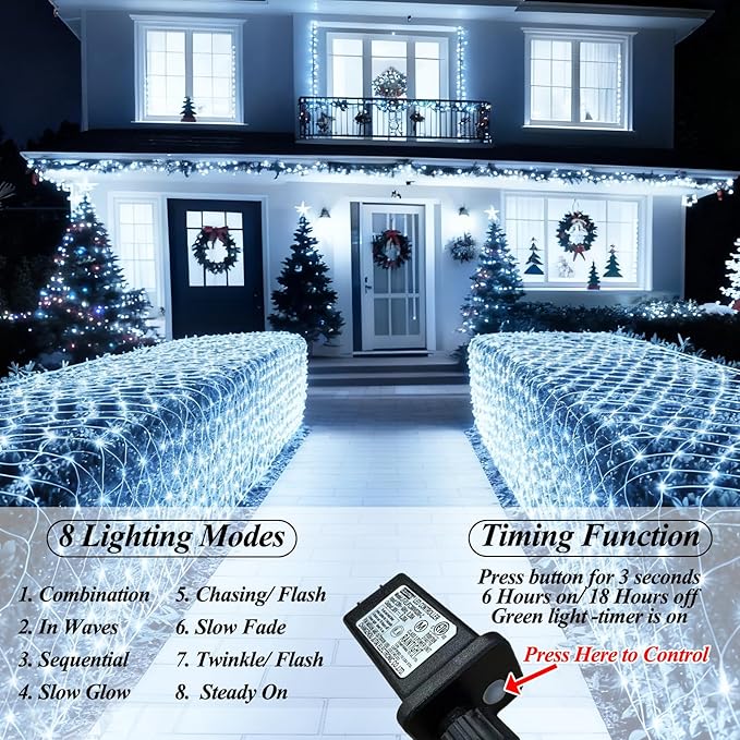 Lovelite 360 LED Net Lights, 21ft x 5ft Christmas Mesh Lights Clear Wire 8 Modes, Waterproof Connectable String Light Plug in for Xmas Tree Bushes Garden Outdoor Party Decorations - White