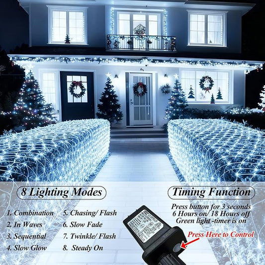 Lovelite 360 LED Net Lights, 21ft x 5ft Christmas Mesh Lights Clear Wire 8 Modes, Waterproof Connectable String Light Plug in for Xmas Tree Bushes Garden Outdoor Party Decorations - White