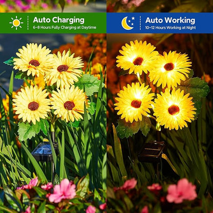 WdtPro Solar Lights Outdoor Garden Decor, 4 Pack Garden Lights with 16 Glowing Daisy Flowers, Solar Flowers Outdoor Waterproof for Outside Yard Patio,Gifts