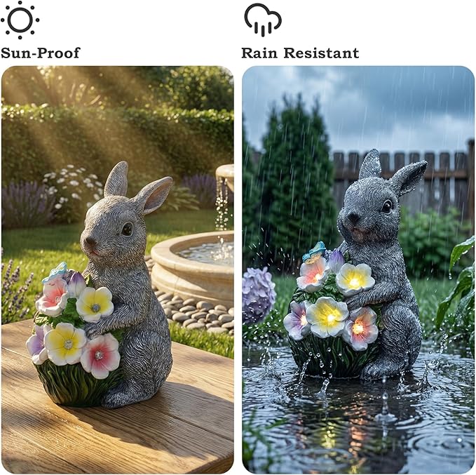 PETAFLOP Solar Garden Rabbit Statue Decor, Easter Bunny Figurine with Flower Lights for Yard, Patio, Pathway, Lawn, Patio, Balcony