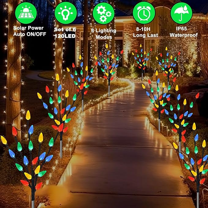 Upgraded 6 Packs 120 LED C6 Solar Christmas Lights, Christmas Decorations Outdoor Yard Lights, 8 Modes Waterproof | Lumora
