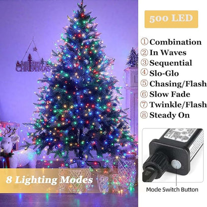 Tcamp 164FT 500 LED Christmas Lights Outdoor, 8 Modes Christmas Tree Lights with Timer Memory Function, Green Wire Fairy String Light for Xmas Holiday Party Bedroom Indoor Decor (Colored)