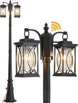 Dusk to Dawn Outdoor Lamp Post Light Modern 2-Head Street Pole Light Fixtures with Outlet, Waterproof Black Outside | Lumora